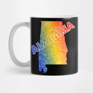 Colorful mandala art map of Alabama with text in blue, yellow, and red Mug